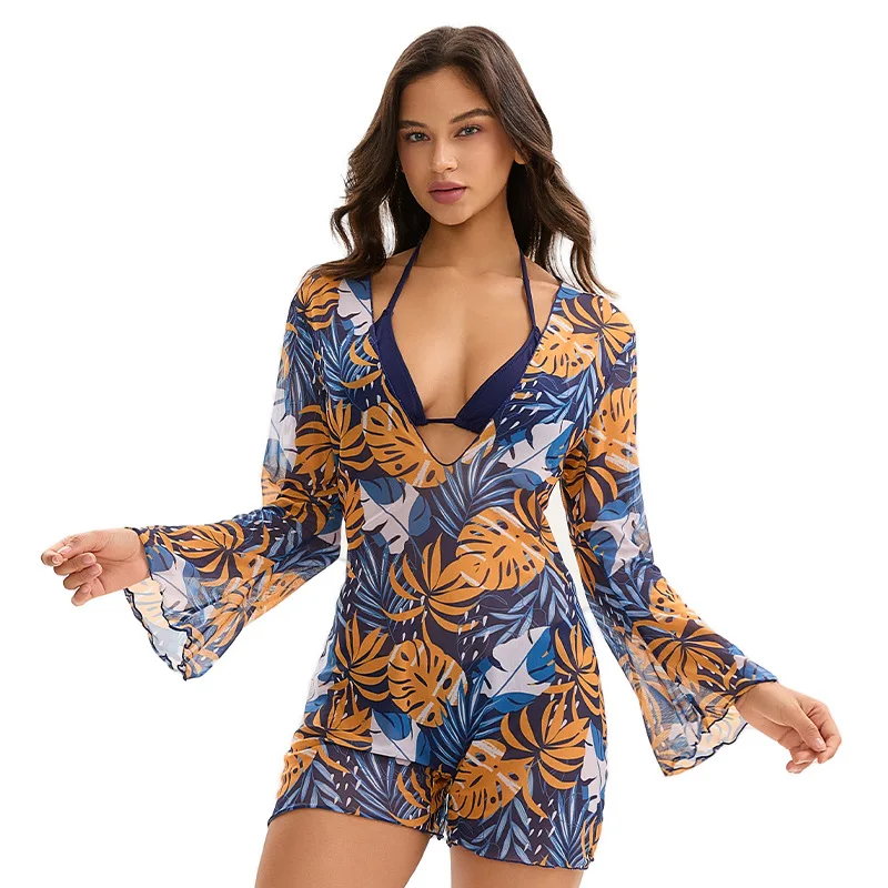 مثير 3 قطع ملابس السباحة الاستوائية طباعة ملابس الرسن الدانتيل متابعة طقم بيكيني صغير الرباط ارتداءها التستر بحر Tankinis