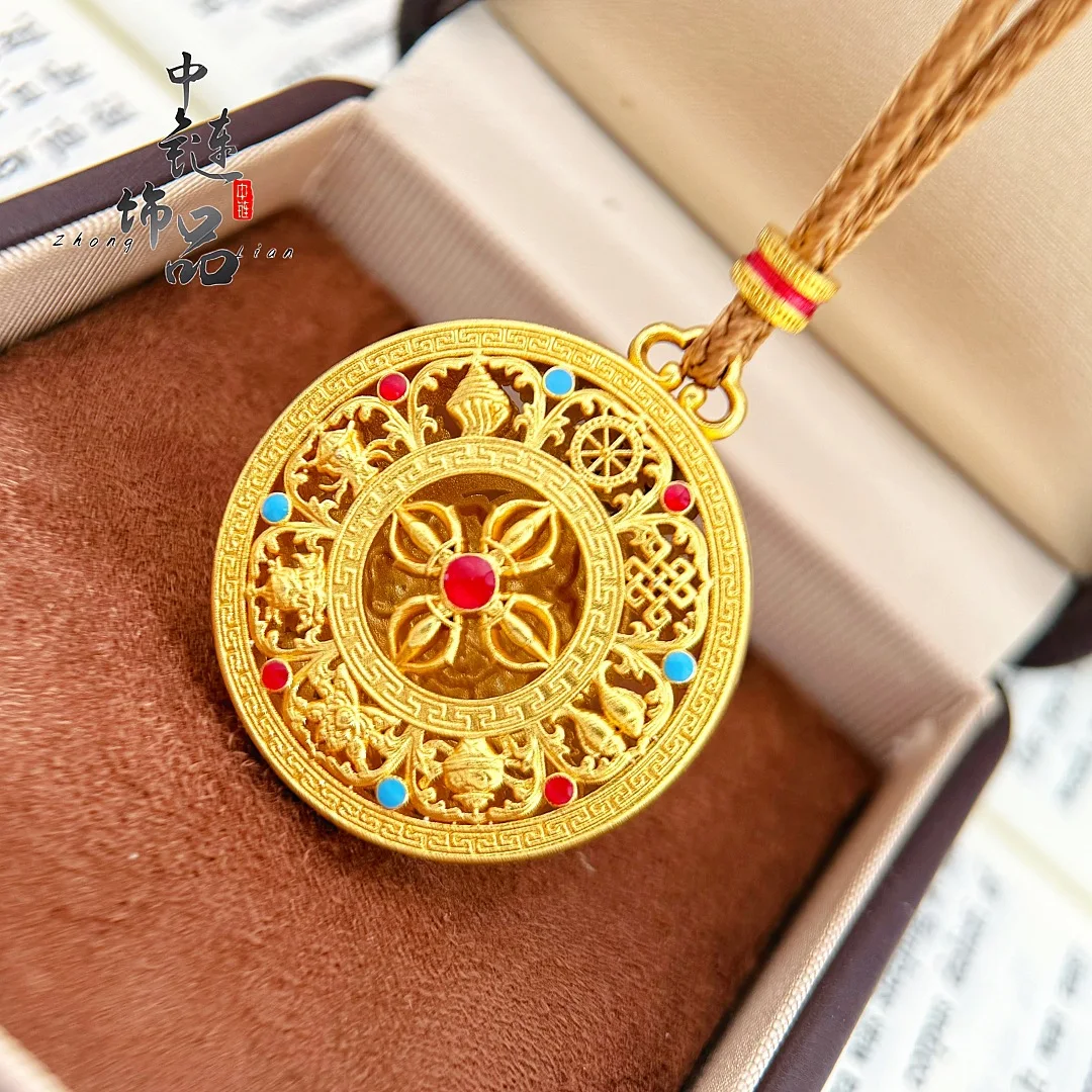 Enamel color eight treasure compass with yellow God of wealth pendant new Chinese diamond pestle eight treasure compass 9999gold