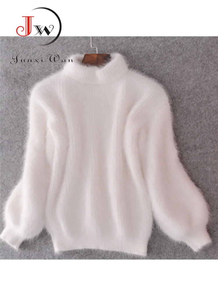 Suéter de cuello alto grueso de Mohair blanco Otoño Invierno dulce moda linterna manga Casual Color sólido jersey pull femme