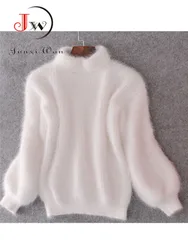 Suéter de cuello alto grueso de Mohair blanco para mujer, suéter de moda dulce, manga de linterna, Jersey informal de Color sólido, Otoño e Invierno