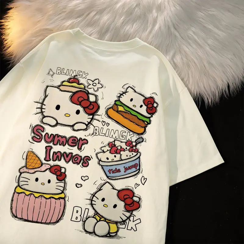 

Hello Kitty T-shirt Women's Short Sleeve Cotton T-Shirt High Quality Crew Neck Harajuku Women's Loose Casual Couple Cartoon Tops