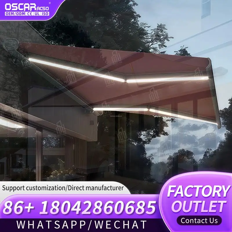 

Outdoor Electric Retractable Folding Patio Awning with Aluminum Structure and LED Light for Garden Terrace Balcony Retractable A