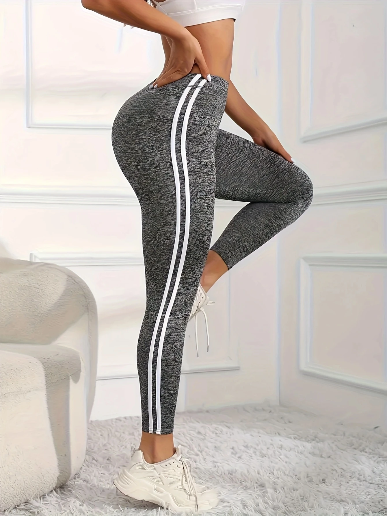 Daily&Casual Side Striped Running Tights Breathable Softness High Stretch Tummy Control Athletic Leggings