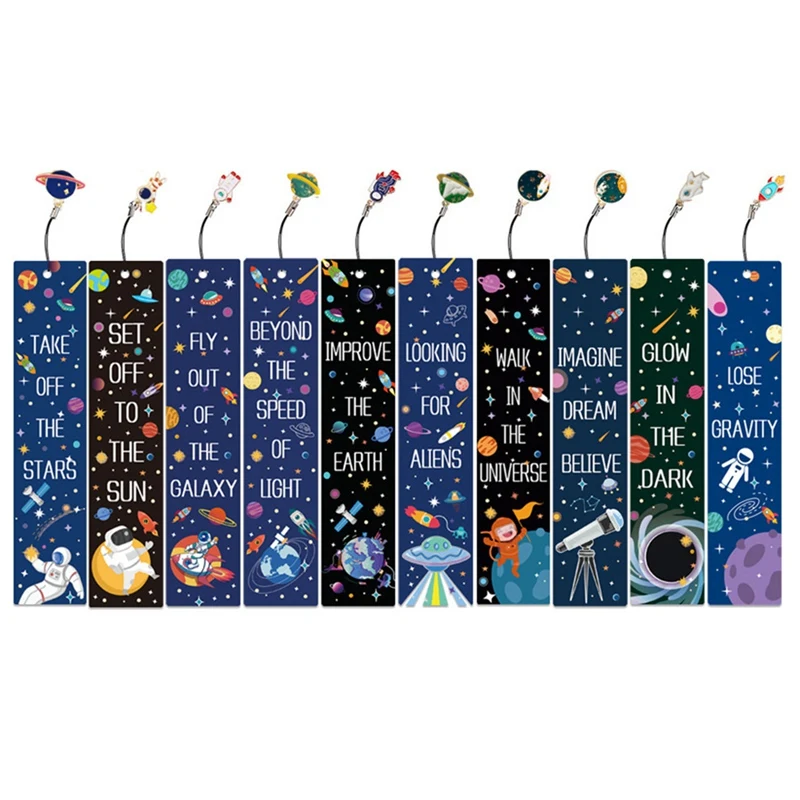 10PCS Space Ship Theme Bookmarks With Metal Charms Planet Color Inspirational Quotes Cards For Kids Boys Girls Easy To Use