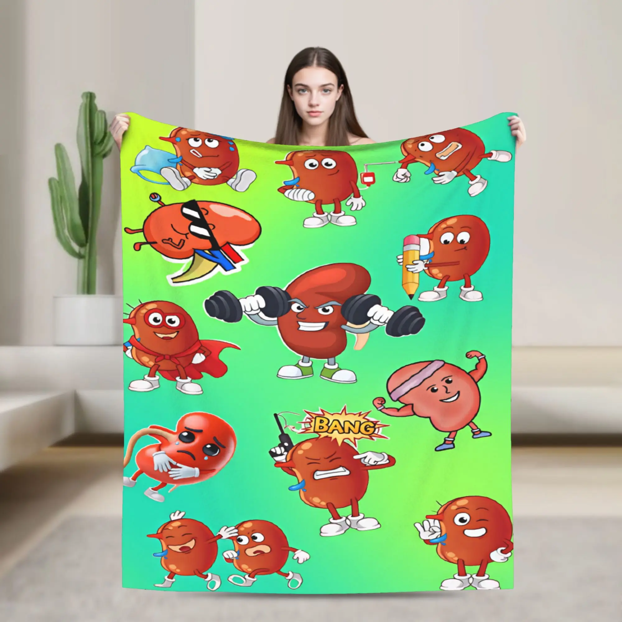 Soft Warm Blanket Camping Cartoon Kidney Characters Different Poses Throw Blanket Flannel Bedspread For Outdoor Sofa Bed Cover