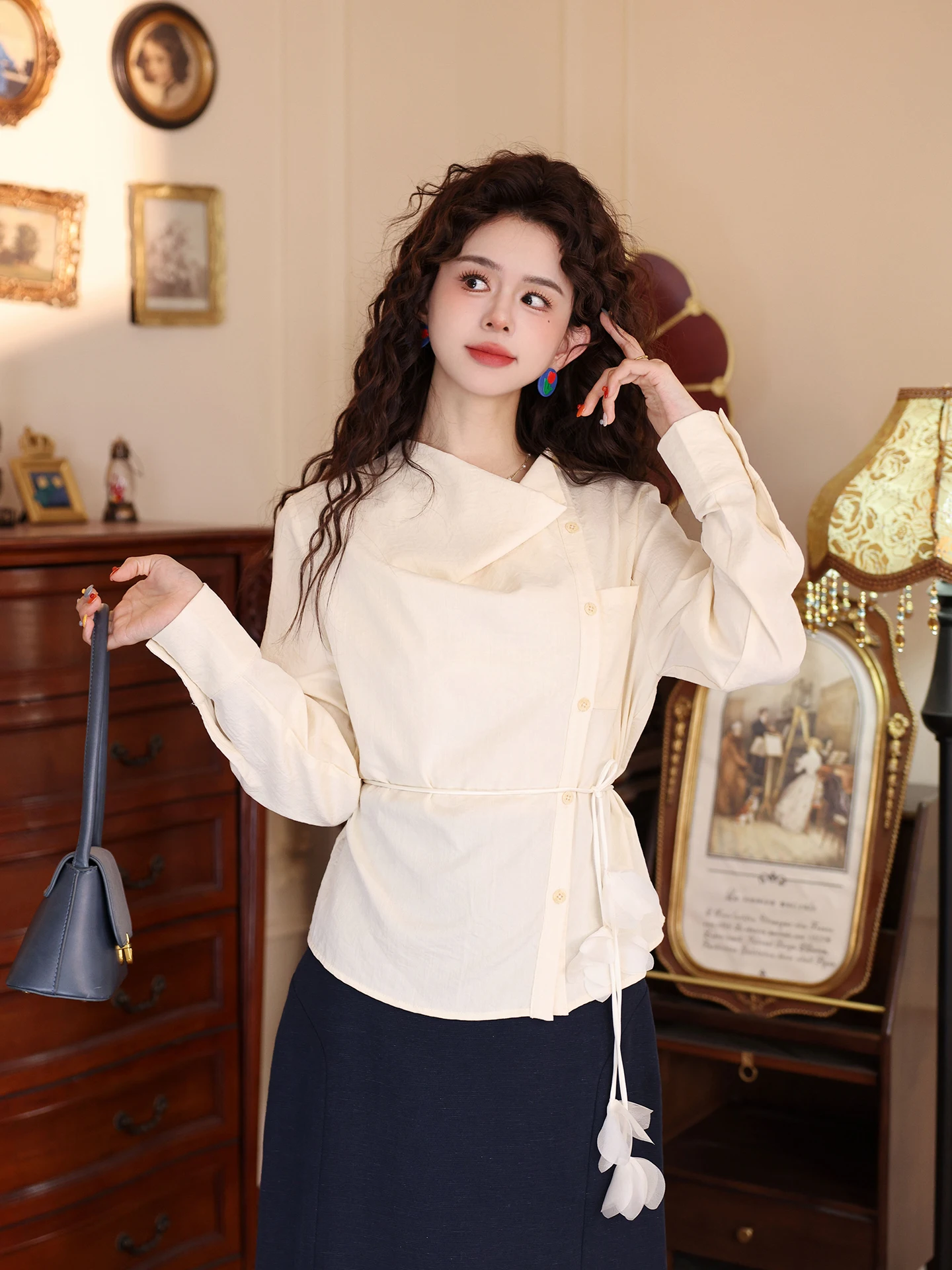 

Chen Jiajie Spring Vintage Sle Loose Fit Women's irt with Belt Versatile Slimming Long Sve Casual Faion Top