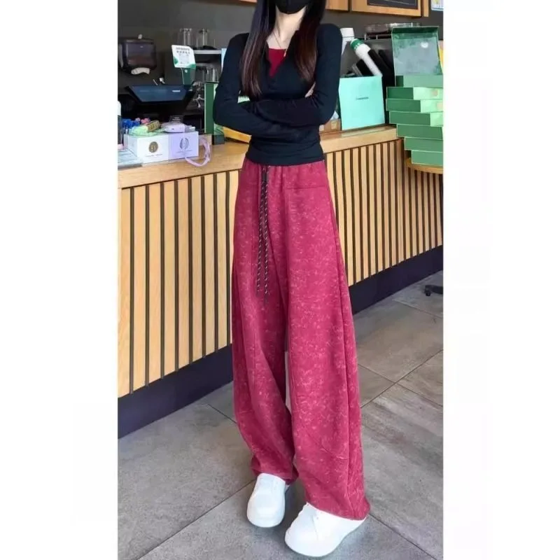 Pantalon de survêtement chaud et décontracté pour femme, en forme de poire, teint par nouage, polaire, grande taille, amincissant, jambes larges, coupe incurvée, automne hiver