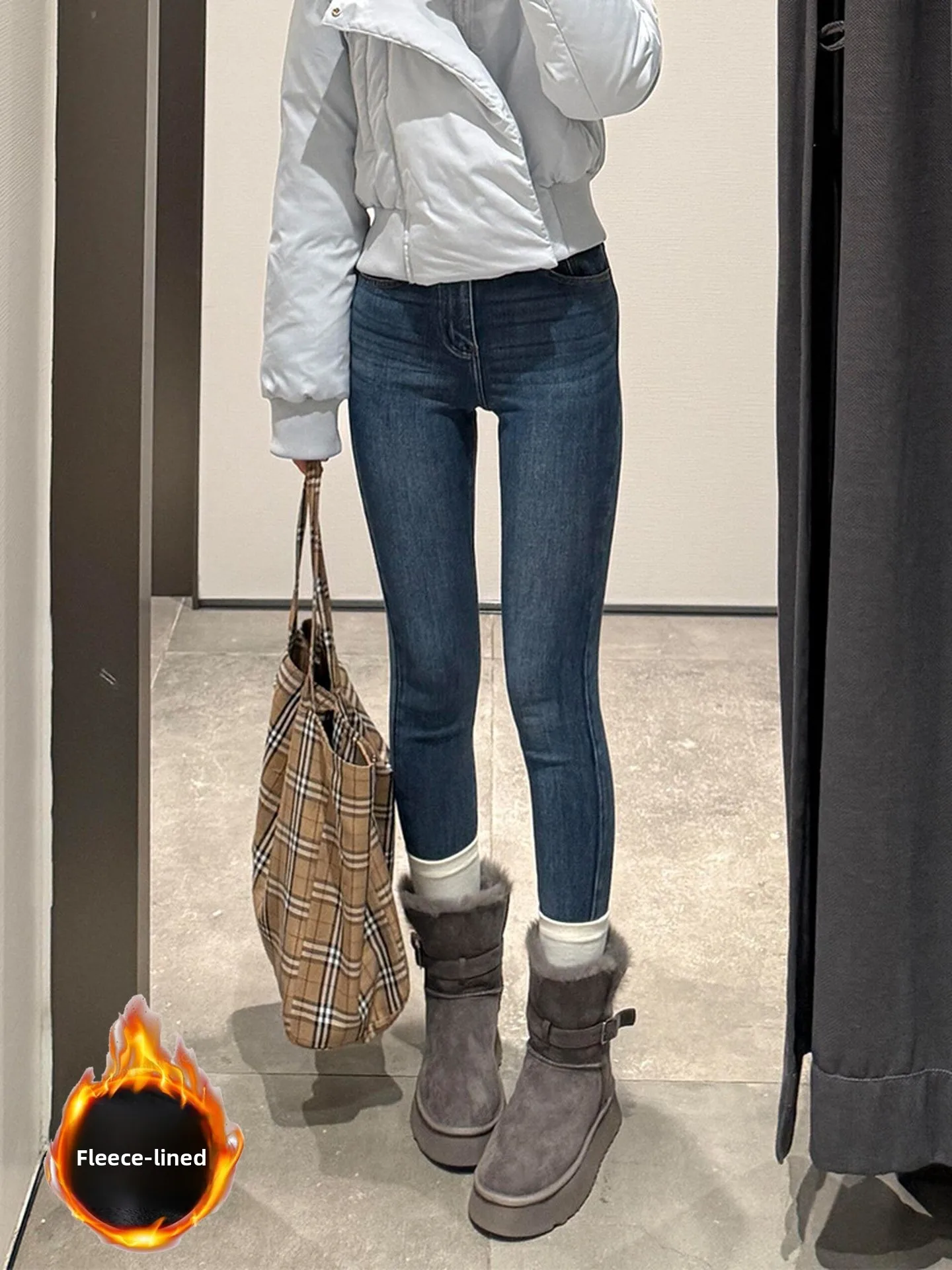 Fce 라인드 티엔드 스키니 나인-풋 진 여성용 가을 겨울 신상 섹시 슬림핏 펜슬 진 로우 웨이스트 디스트레스드 데님