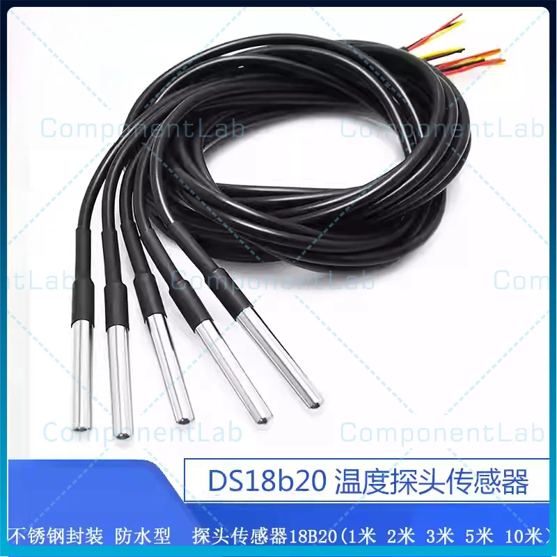 5-10pcs Stainless Steel Enclosed Waterproof DS18B20 Temperature Probe Sensor (1m, 2m, 3m, 5m)