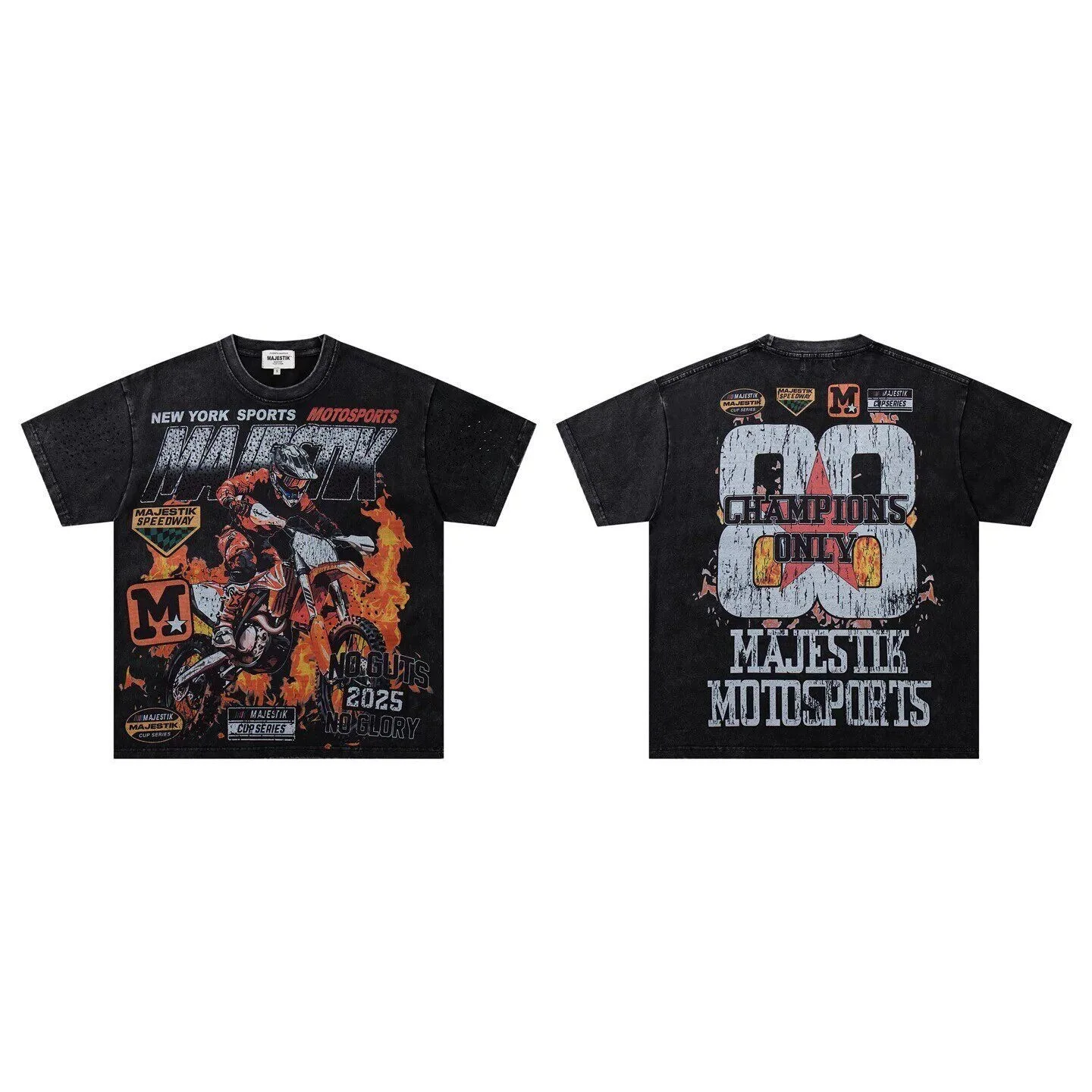 MAJESTIK Retro Motorcycle Print Short-Sleeve Men's and Women's Washed and Weathered Street Style Trendy T-Shirt - Summer
