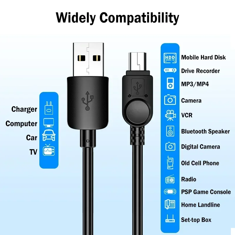 USB2.0 Mini USB T-Port Cable Fast Data Transfer V3 Power Charger Cable for Mobile Hard Drive Recorder VCR Camera MP3 MP4 Player