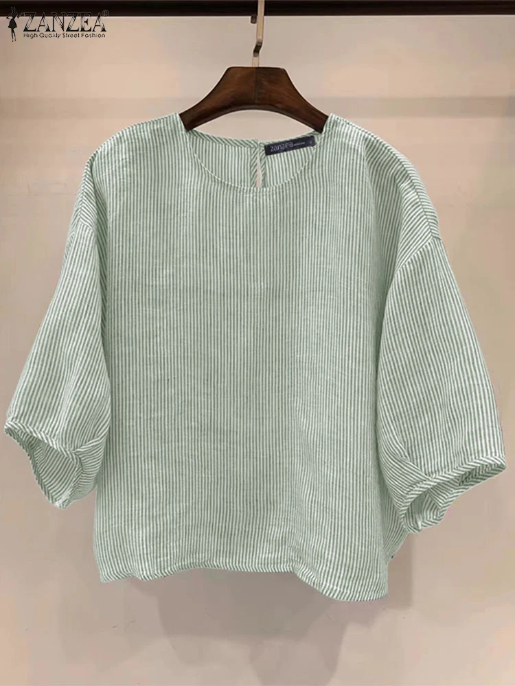 Camicetta da lavoro elegante da donna con maniche a 3/4 ZANZEA camicia estiva a righe Casual O collo lavoro Blusas Femininas sciolto top da vacanza tunica