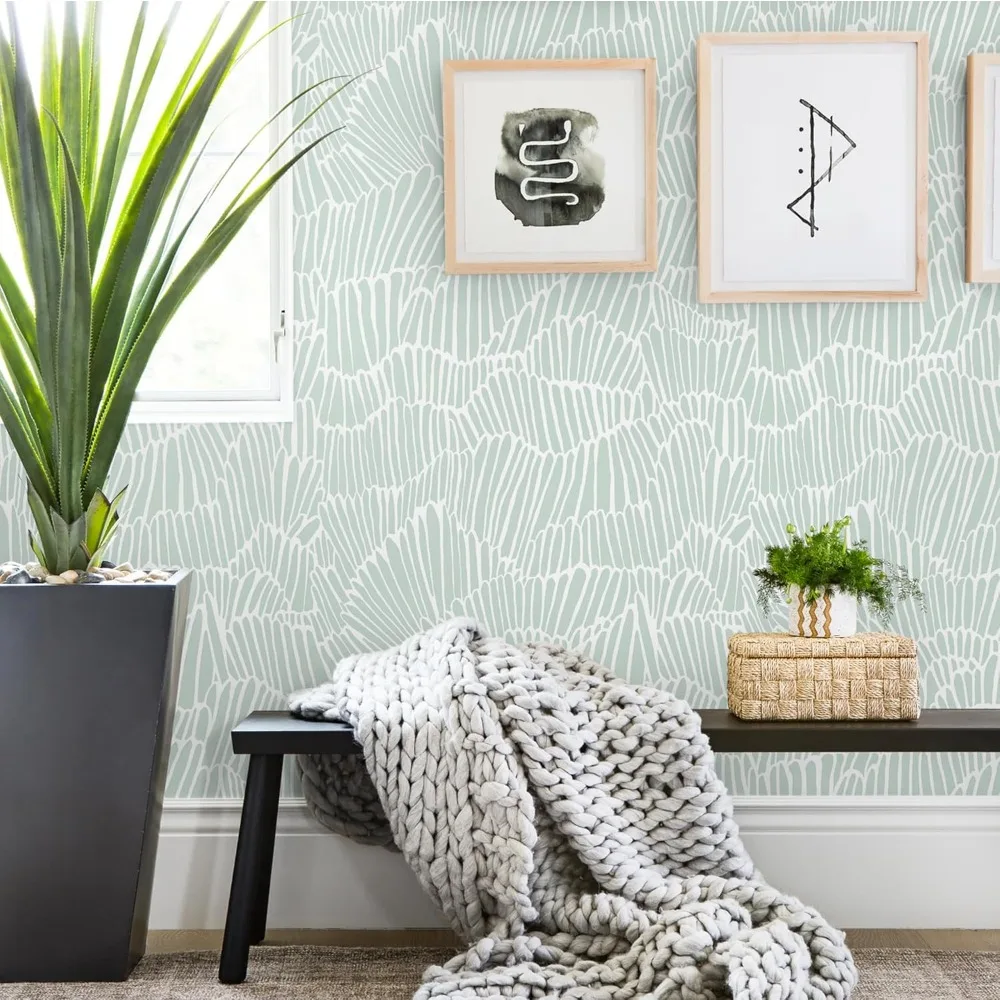 ورق جدران بوهو مخطط باللونين الأخضر والأبيض الحديث قابل للإزالة للداخلية الاستوائية الساحلية