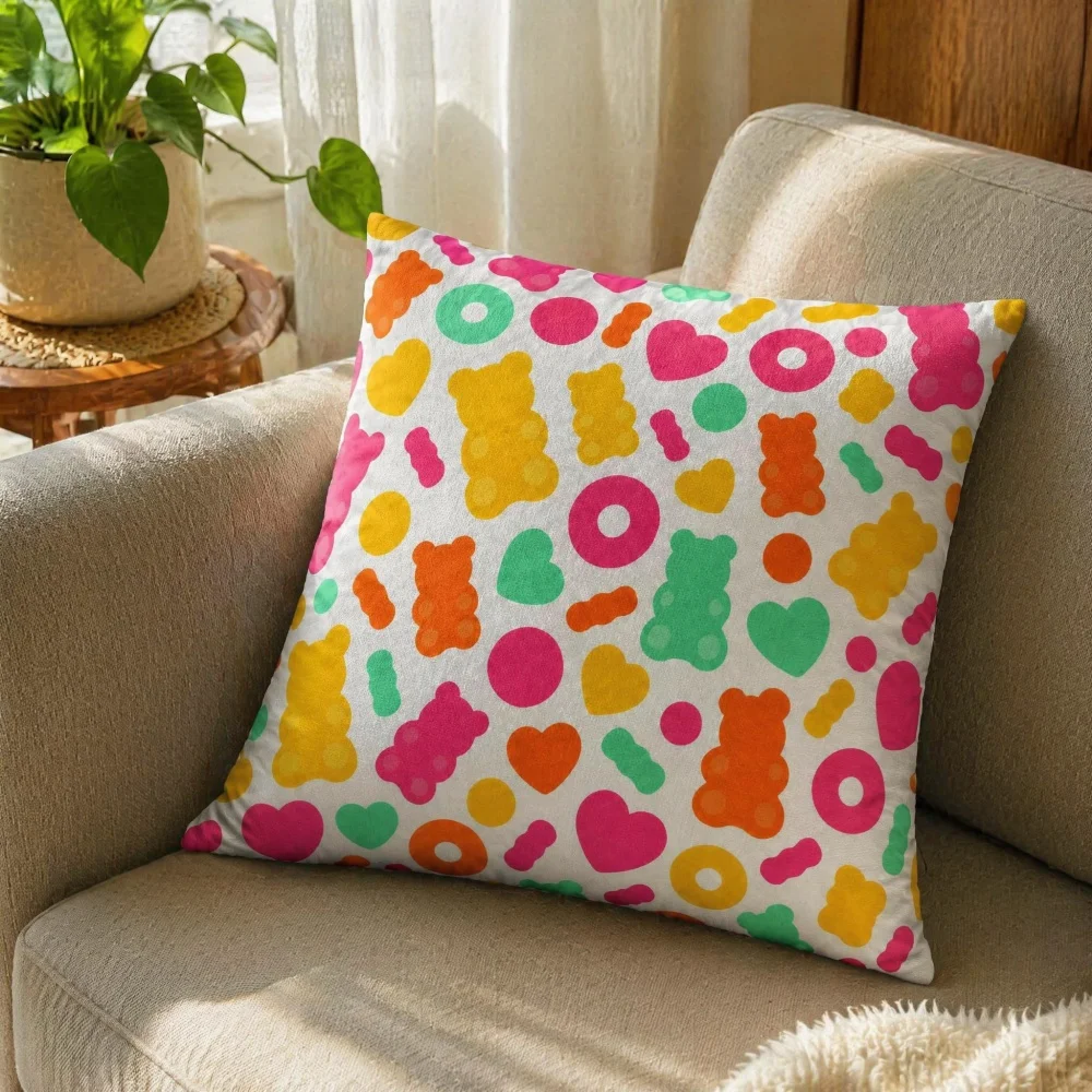 Colorful Gummy Bear Candy Decorative Pillow Ultra Soft Skin Friendly Hidden Zipper Square Seat Cushion Kawaii Kids Sofa Decor
