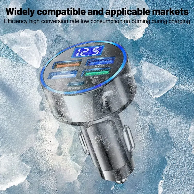 An on-board fast charging adapter with a 5-port hub and LED display, supporting Type-C PD on-board charging and 4 USB interfaces
