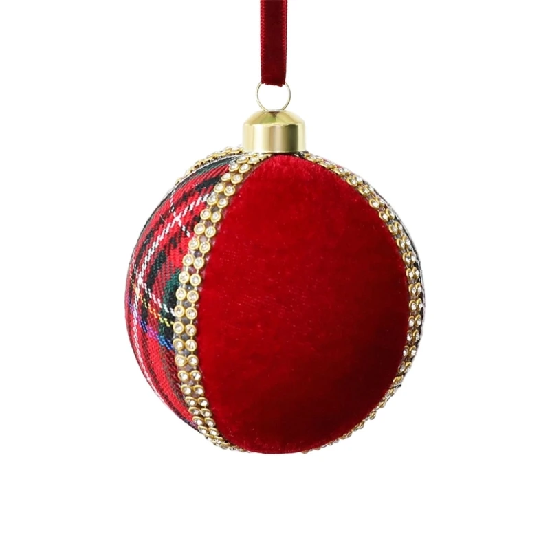 Fabric-Covered Ball Tree Ornament with Warm Metallic Trim and Checks JOMD
