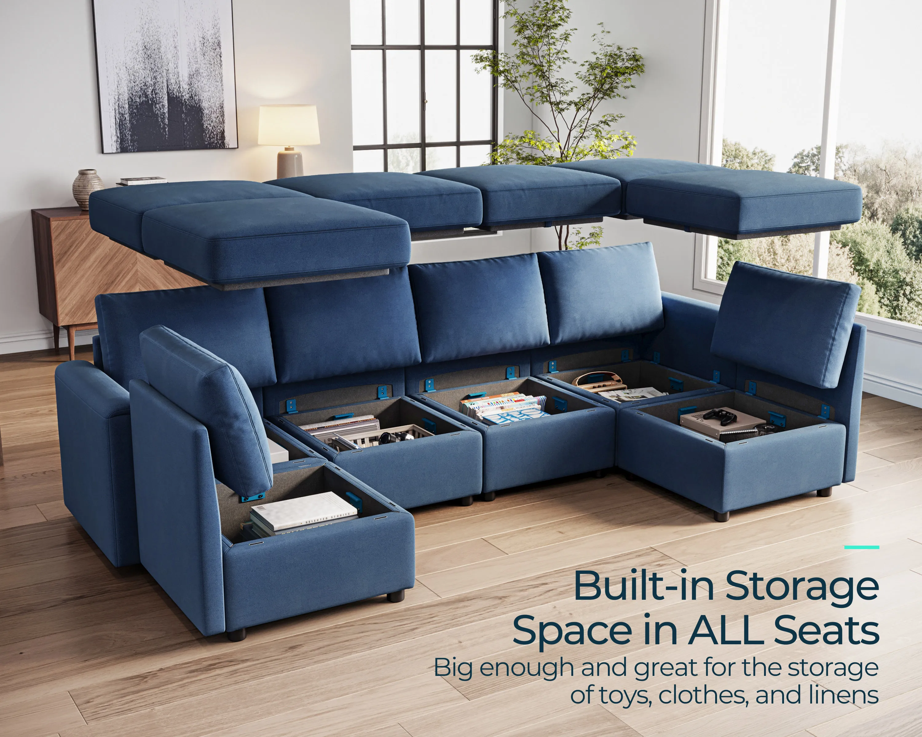 LINSY HOME 6 Seat Modular Sectional Sofa, Convertible U Shaped Couch with Storage, Ottomans, and Chaise for Living Room, Blue