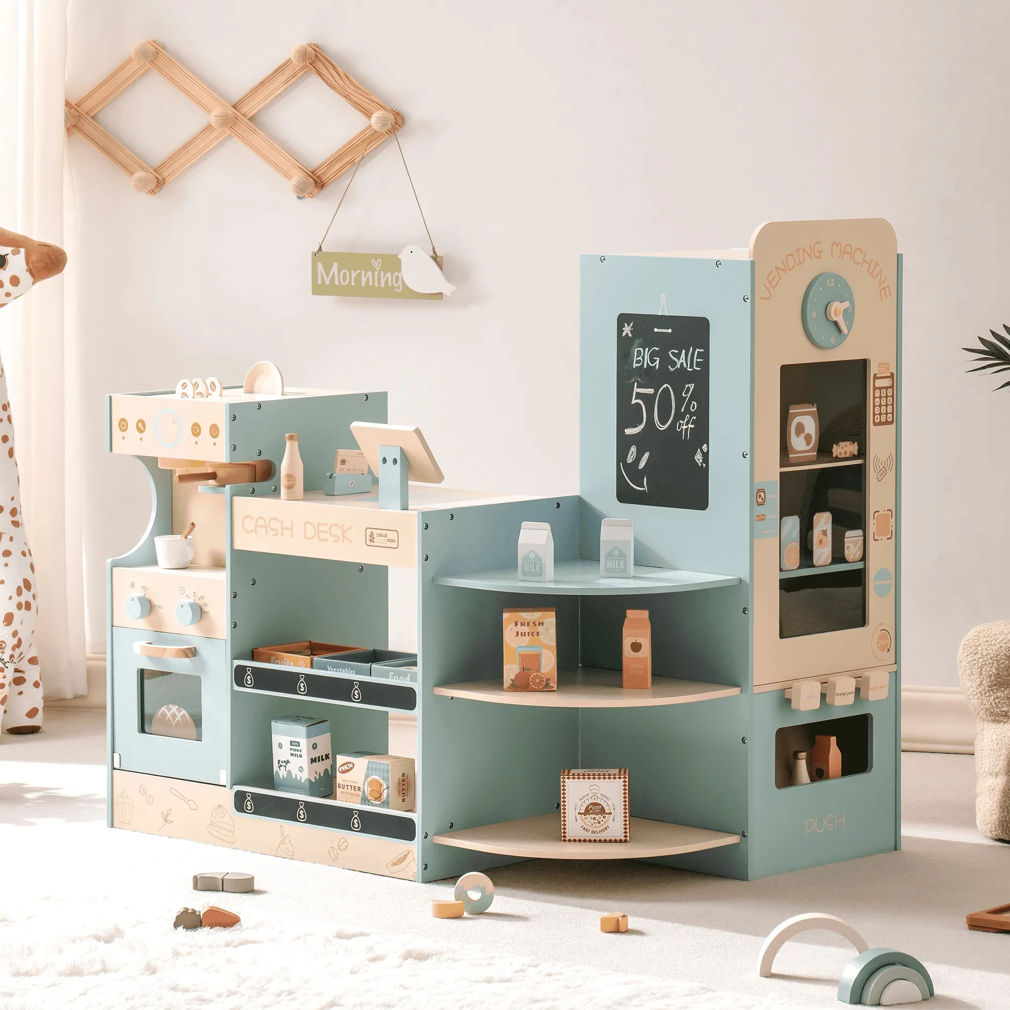 ROBUD Corner Coffee Shop Play Set Grocery Store Playset with Cash Register Chalkboard Play Food Accessories Gift for Kids 3+