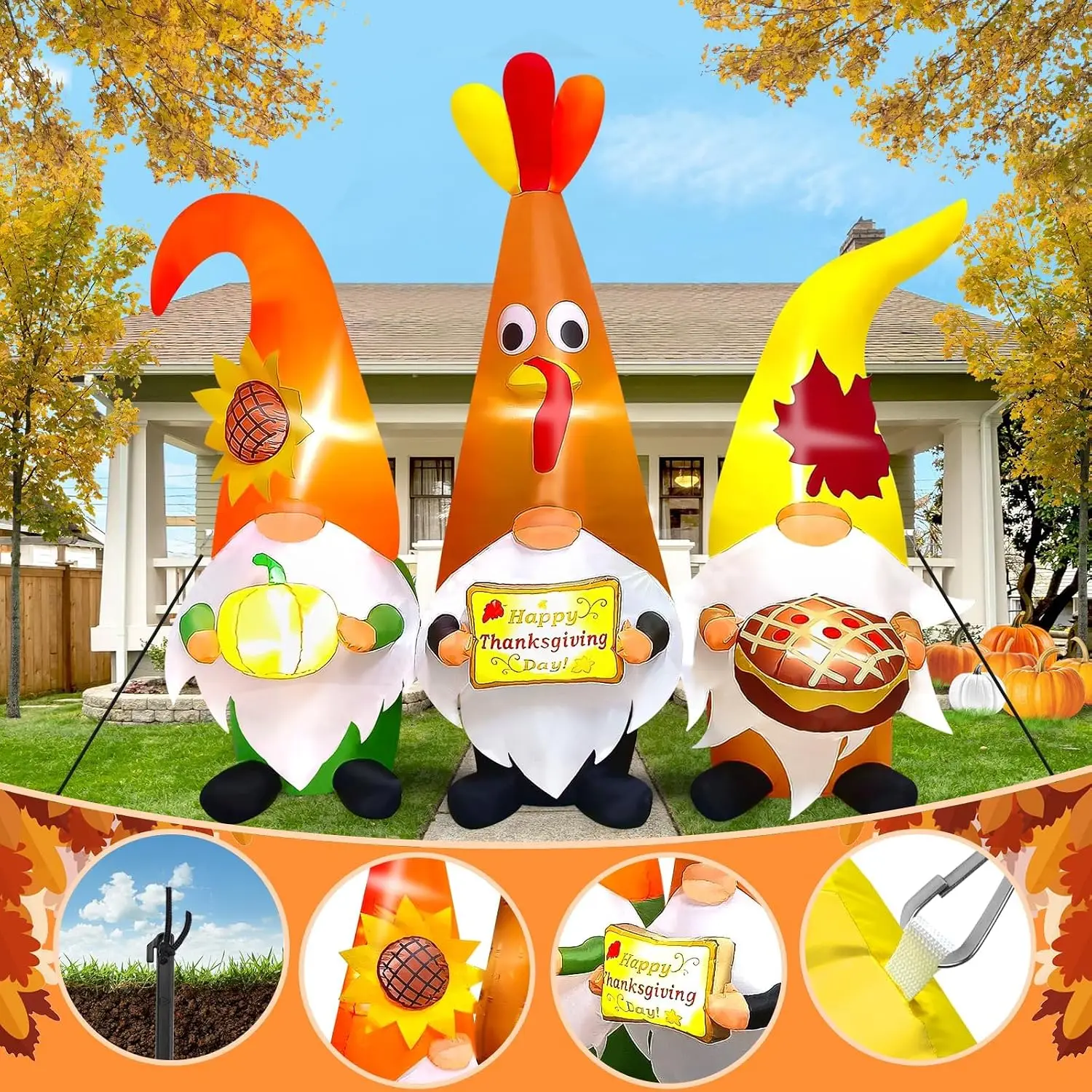 7FT Thanksgiving Day Inflatable Gnome Trio with LED Light, Fall Harvest Outdoor Decoration, Blow-Up Yard Inflatable for Lawn, Home, Autumn Holiday Party