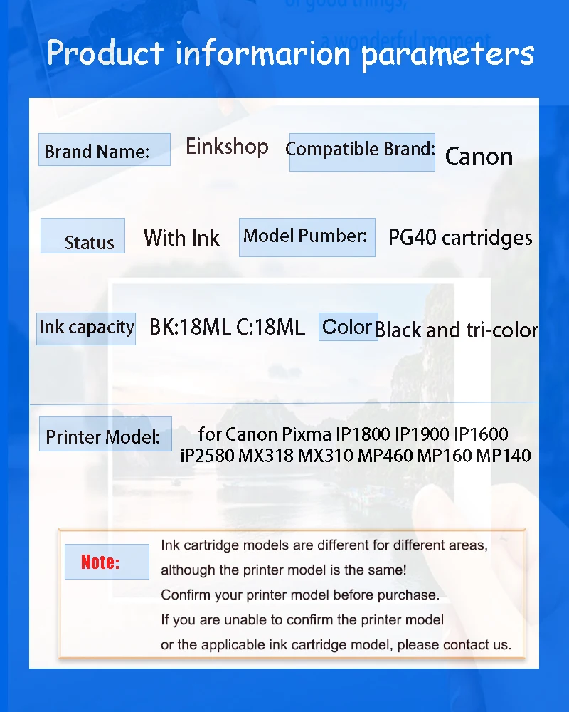 Einkshop PG-40 CL-41 PG40 CL41 Reusable Cartridge Is Applicable to Canon Pixma MP180 MP190 MP210 MP220 MP450 MP470 Printer