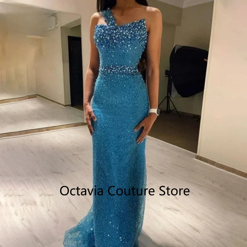 

Blue Gorgeous Rhinestones Prom Dresses One Shoulder Sleeveless Evening Dress Pearls Sequins Mermaid Party Gowns Customized