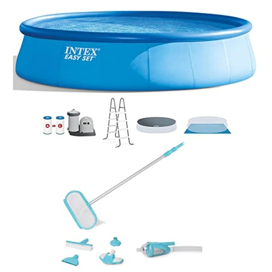 Above Ground Inflatable Swimming Pool for Backyard Use, PVC Blue with Easy Set Round Design, Includes Filter Pump, Ladder, and