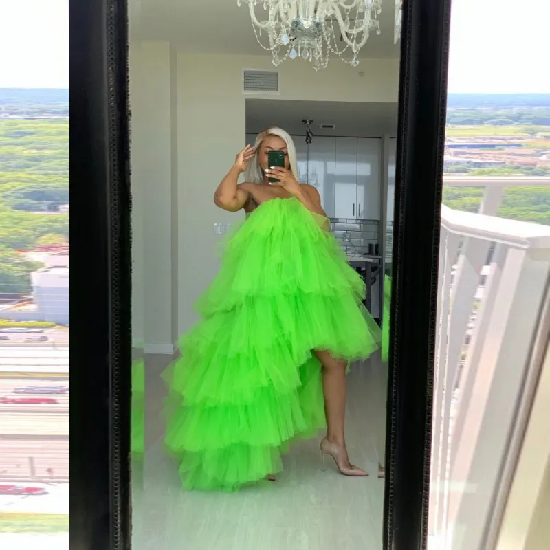 Bright Neon Green Color Tulle Dress Tiered Lush Long Party Gowns Photography High Low Maxi Dress Ruffle Vestido De Noche