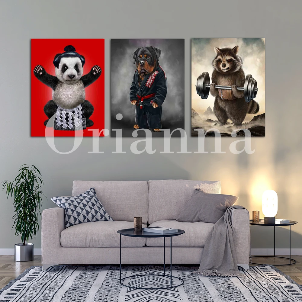 Sumo Panda Gorilla Dumbbell French Bull Dog Cat Boxer Chihuahua Pug Dog Thai Boxing Doberman Weightlifting Exercise Print Poster