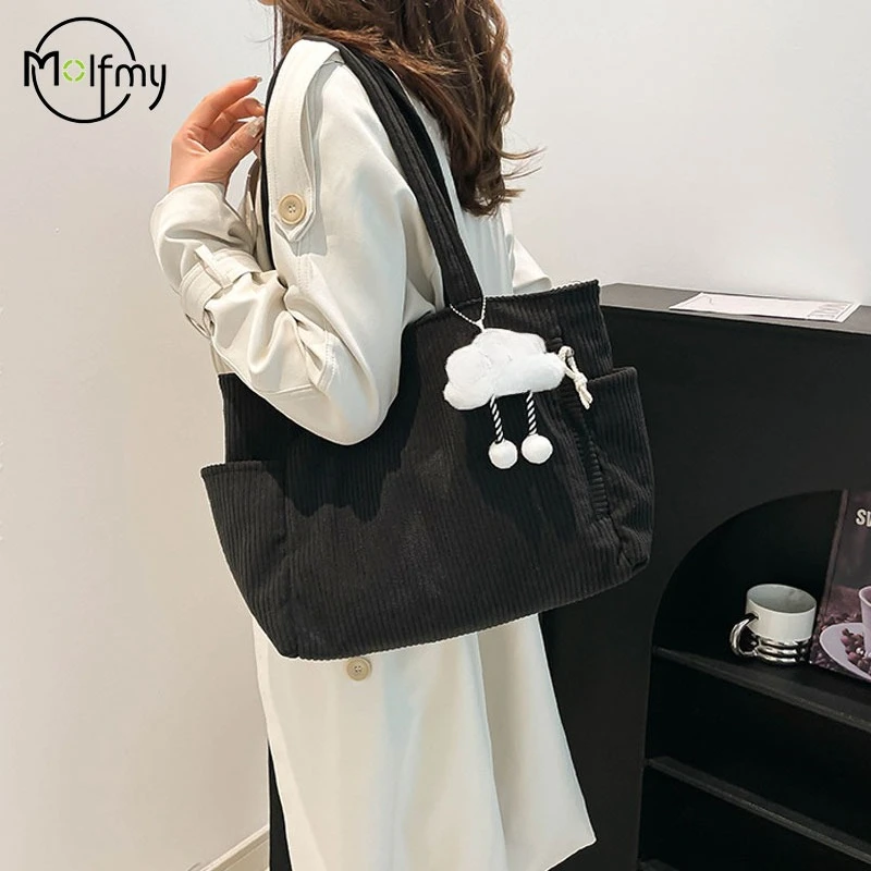 

Corduroy Shoulder Bags Women Casual Handbag with Zipper Light Retro Large Capacity Shoulder Strap Solid Color Commuter Handbags
