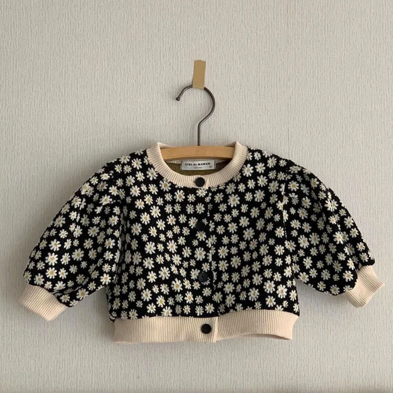 Autumn New Baby Girl Floral Cardigan Coat Cotton Infant Single Breasted Loose Jacket Princess Puff Sleeve Tops Children Clothes
