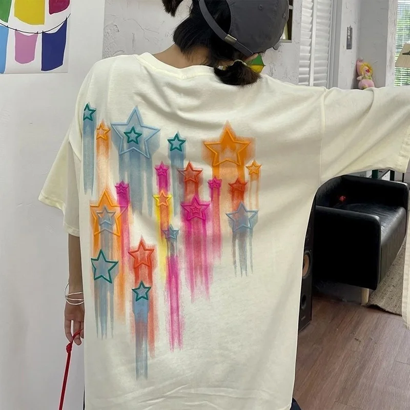 2023 New Summer Fashion Loose Fitting Casual Round Neck Printing Three-dimensional Star Letter Graffiti Oversize Trend T-shirt