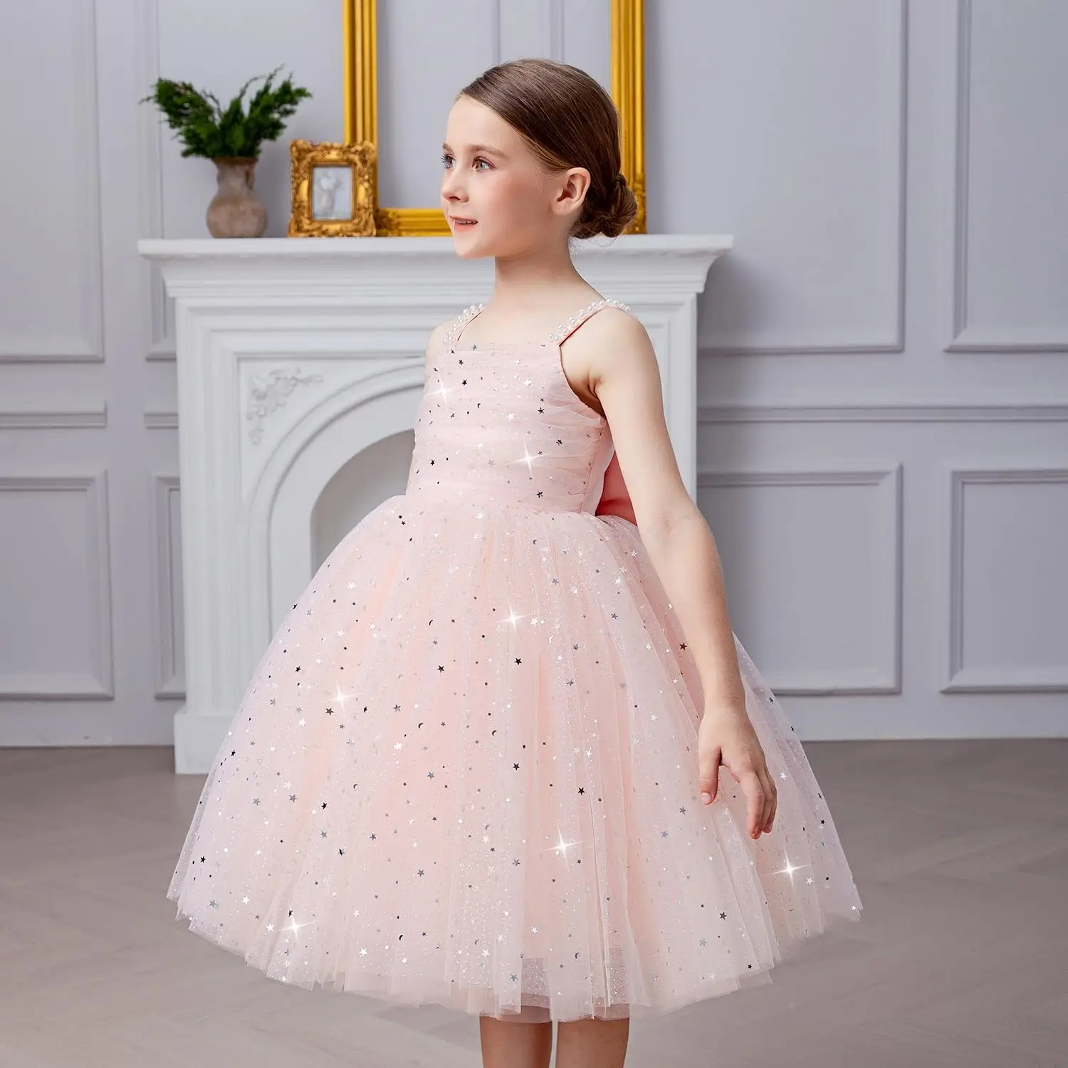 Princess Pearl Flower Girl Dress Spaghetti Strap Sparkly Sequin Elegant Fancy Satin Tulle Formal Holiday Party Birthday Gown