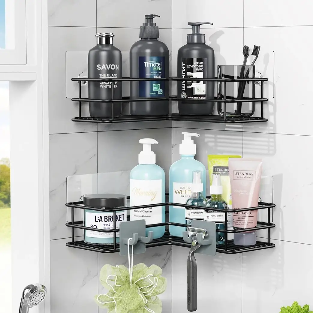 2PCS Metal Black Bathroom Kitchen Corner Shelves No Drill Wall Mount Shower Triangle Rack with Hooks Shampoo Spices Organizer