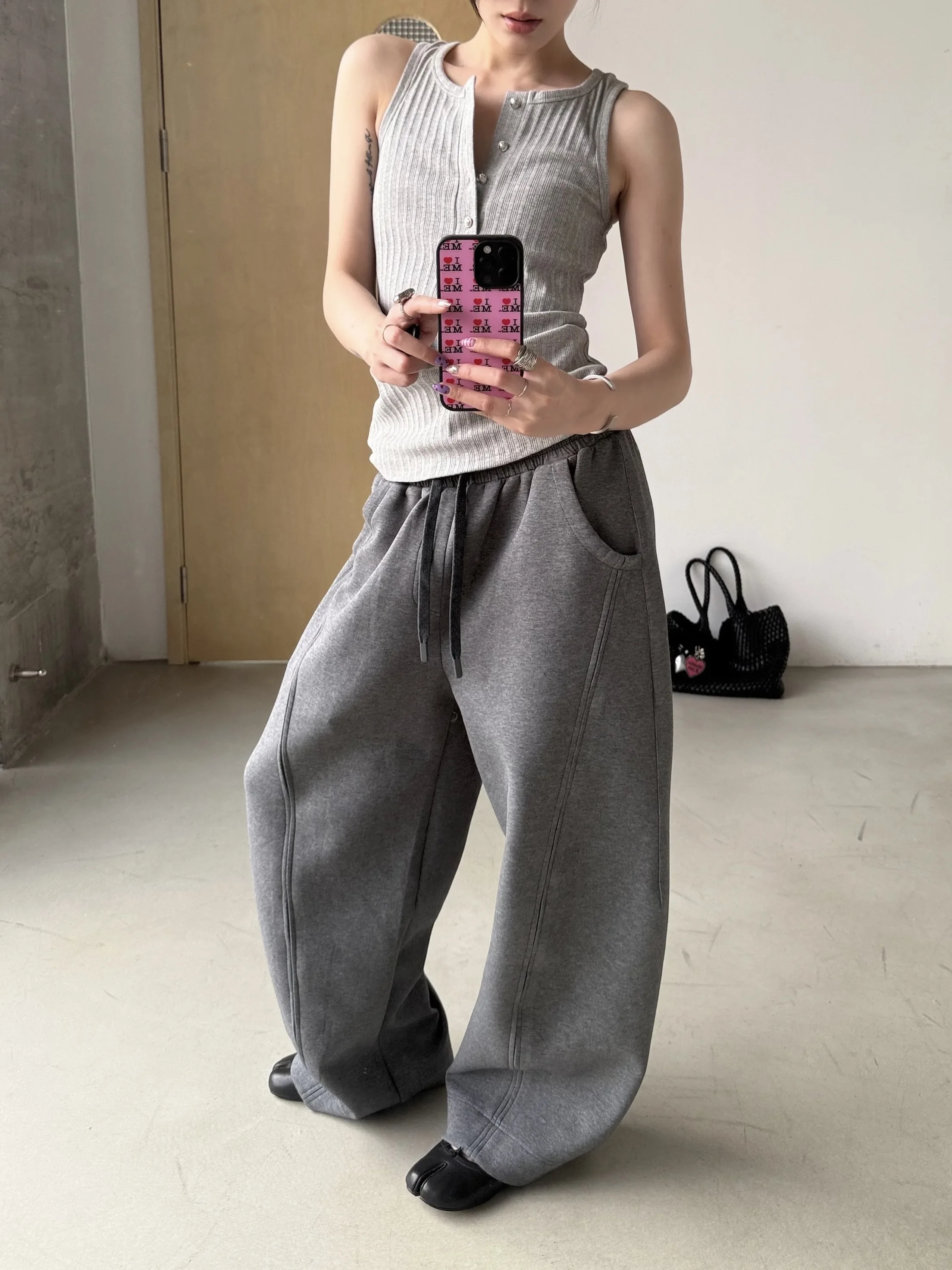 

American Retro Deconstructed Design Curved Knife Dstring Sweatpants Loose Wide Leg Cleanfit Simple Casual Pants ex