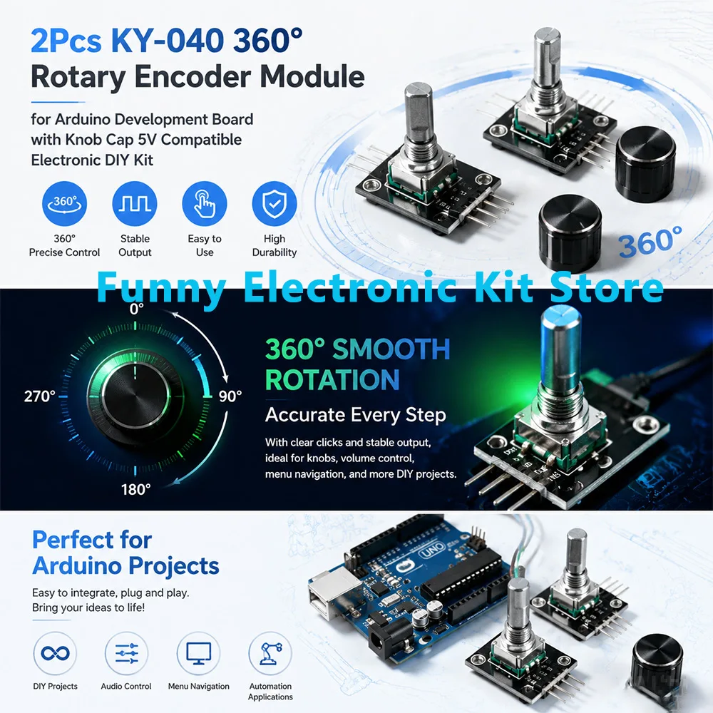 2Pcs KY-040 360° Rotary Encoder Module for Arduino Development Board with Knob Cap 5V Compatible Electronic DIY Kit