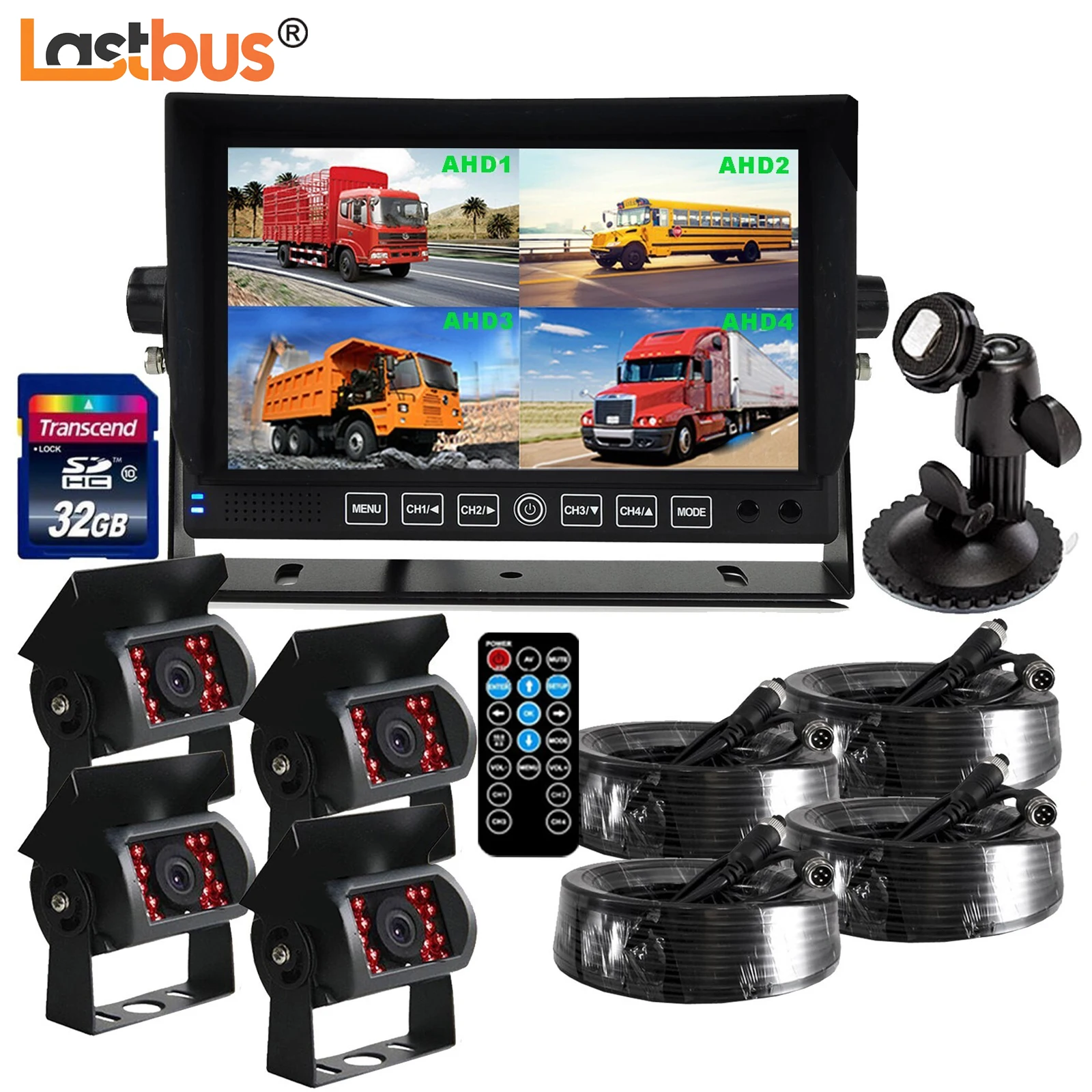 

Lastubs 7" Quad Monitor DVR Recorder With 4x 4 PIN 1080P AHD Rear View CCD Camera 32GB SD Card For Truck Bus Van Trailer RV