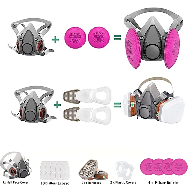 6200 with 2097 19 in 1 reusable mask half face with ink cartridge to protect against particles, dust, smoke, chemicals