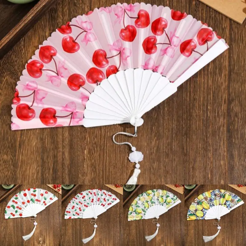 NewSummer Folding Hand Fan Cherry Lemon Fruit Pattern Portable Plastic Frame Fabric Tassel Cooling Fan For Home Women