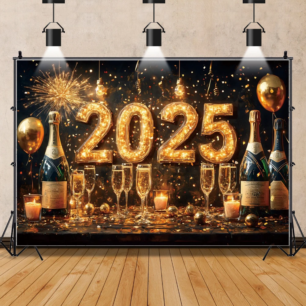 Happy New Year 2025 Photography Background Golden Balloons Fireworks Champagne New Year Eve Home Party Decor Poster Photo Props