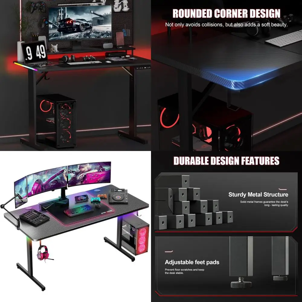 

Gaming Desk 55 Inch with LED Lights, Large Computer Desk with Mouse Pad for Home Office, T-Shaped Carbon Fibre Surface PC Game W
