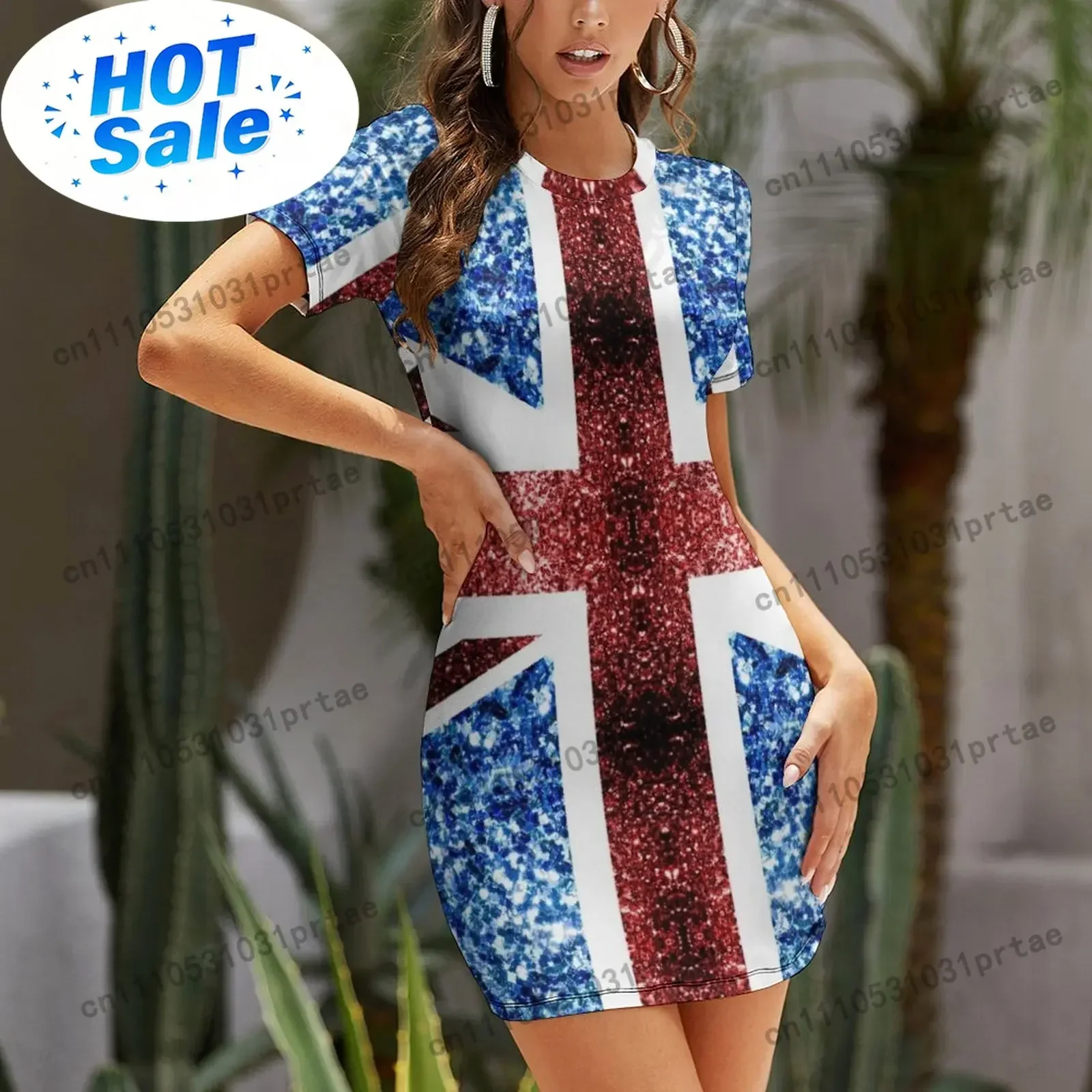 United Kingdom UK flag blue red faux sparkles British Union Jack (Photo of Glitter - Not Reflective) Short Sleeved Dress