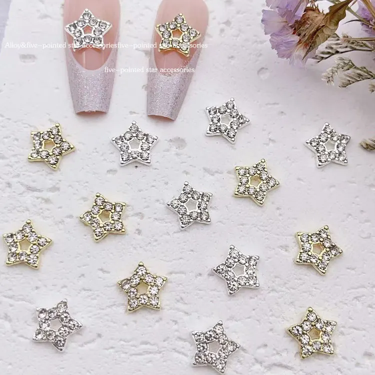 10Pcs Gold Silver Rhinestone Star Nail Decoration, 3D Alloy Star Nail Accessories for Women DIY Manicure