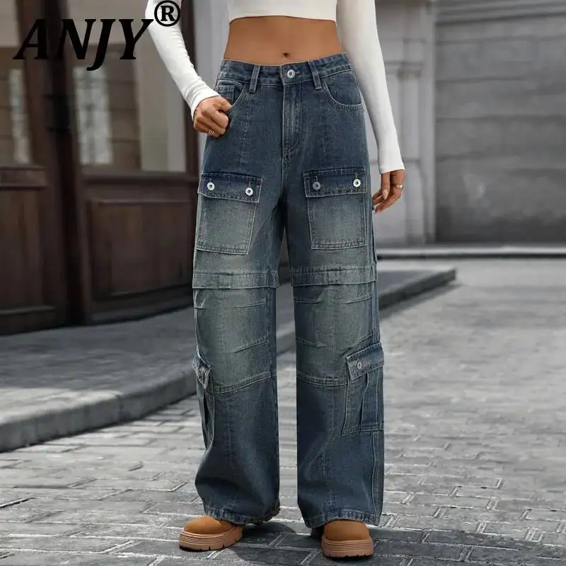 ANJY Spring Autumn New Women Washed Heavy Multi-Pocket Ins Denim Cargo Pants Trend Fashion Safari Style High Street Jeans A22953