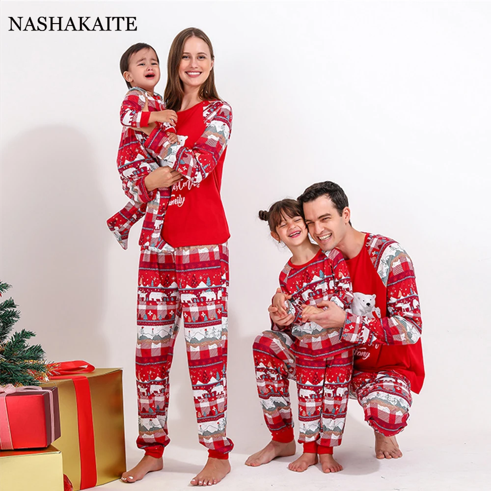 Christmas Family Matching Pajamas Set Mother Father Kids Bear Print Clothes Baby Rompers Red Check Family Look pajamas Xmas Gift