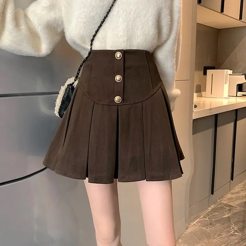 Woolen Skirt Thickened Single-Breasted Autumn And Winter Women'S New Solid Color A-Line Fake Pocket Versatile Pleated Skirt