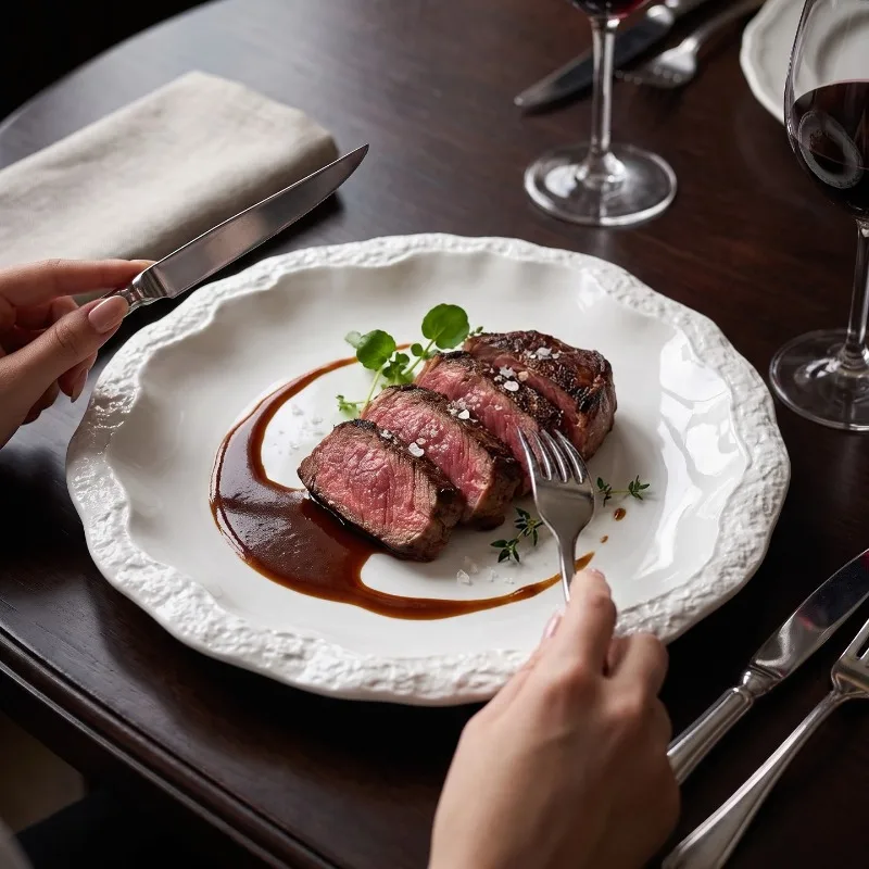 European Relief Ceramic Western Dining Steak Pasta Plate White Rock Main Course Salad Dessert Plate Restaurant Pastry Plating