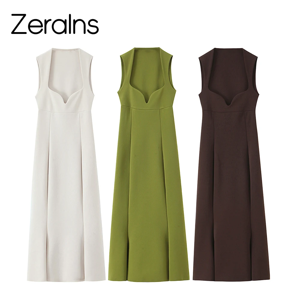 ZERAINS Frühlings- und Sommerkollektion für Damen: Französisches minimalistisches A-Linien-Kleid mit ärmellosem, herzförmigem Kragen und mittellanger Länge