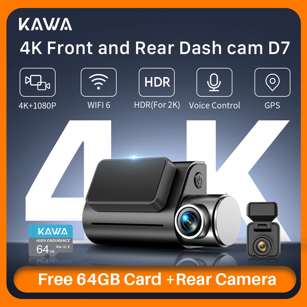 Front and Rear Dash cam KAWA D7 4K,Video Recorder 4K WiFi6 Car Camera,DVR Tiny Rear Camera for AUTO,APP/Voice Control Dashcam
