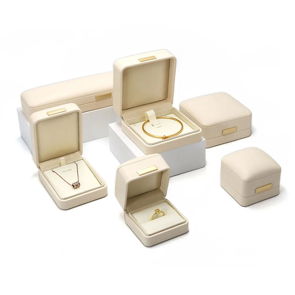 Cream PU Leather Rounded Corner Jewelry Box Soft Lined Storage Case for Ring Earring Necklace Pendant Bracelet