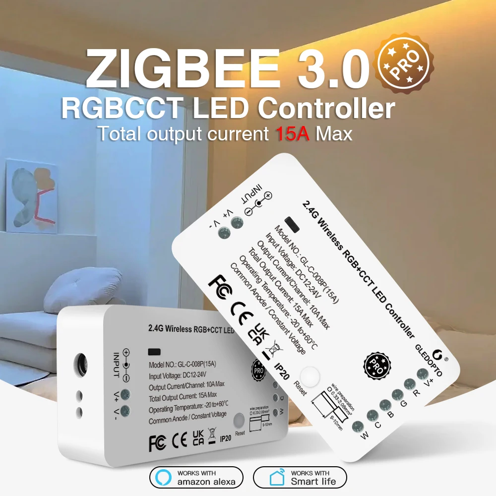 

GLEDOPTO Zigbee 3.0 LED Strip Controller 15A RGBCCT Pro Work with Hu/e Tuya Smart Life SmartThings App Voice RF Remote Control